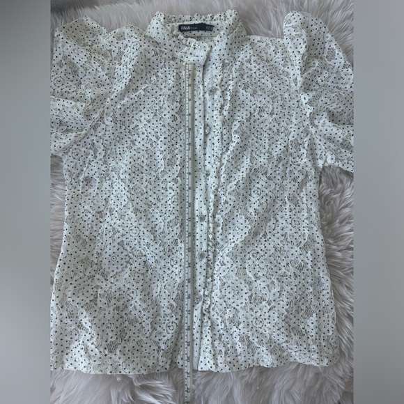 Vici White Lace Polka Dot Rhinestone Button Blouse Puff Sleeve Feminine Top M - Picture 13 of 14